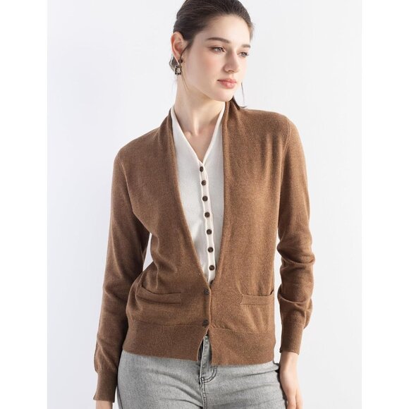 Women's Merino Wool Sweater Fake Two-Piece Cardigan Fall Winter V-Neck - Picture 4 of 6